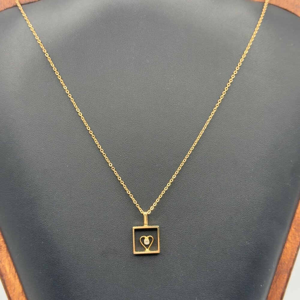 Gold Plated Heart Pendant Necklace With Square Frame & Chain